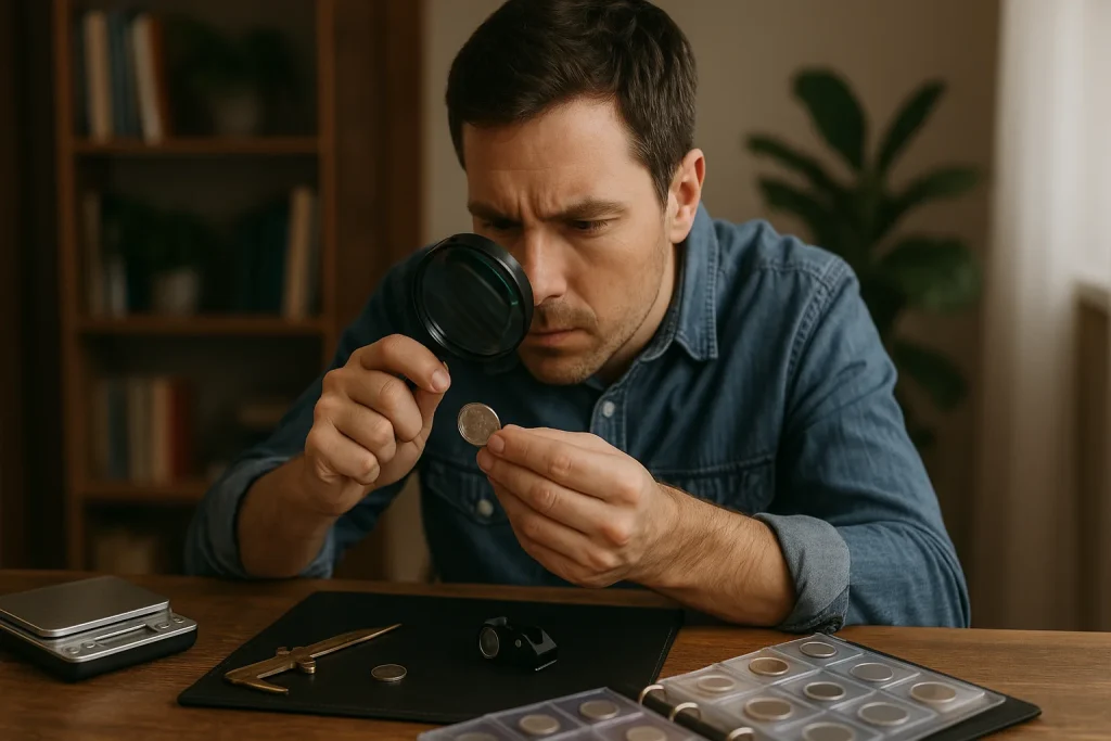 A focused collector examines a Bicentennial Quarter through a magnifying loupe, surrounded by scales and coin tools to check if the quarter is valuable.