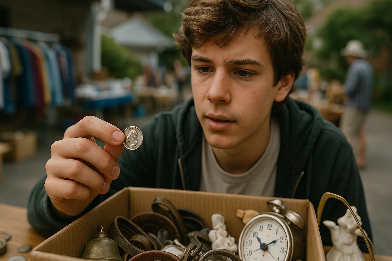 At a neighborhood garage sale, a teenager stumbles upon a dusty box of trinkets and unexpectedly uncovers a Bicentennial Quarter that can be valuable among the clutter.