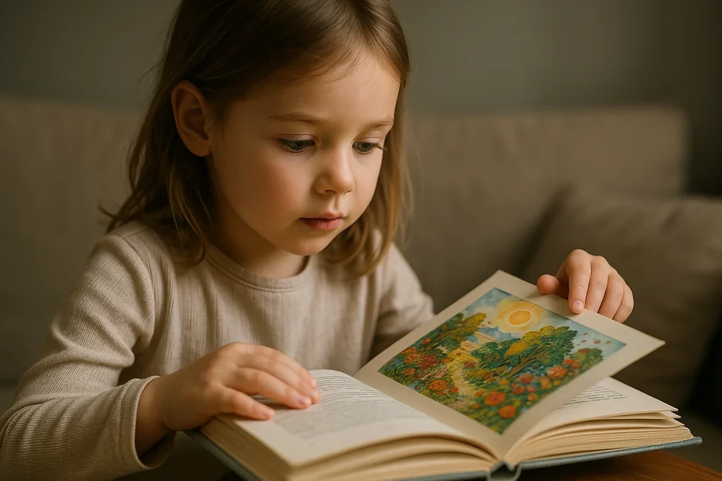 A young girl studies a colorful picture in a book, then closes it to test her visual memory.