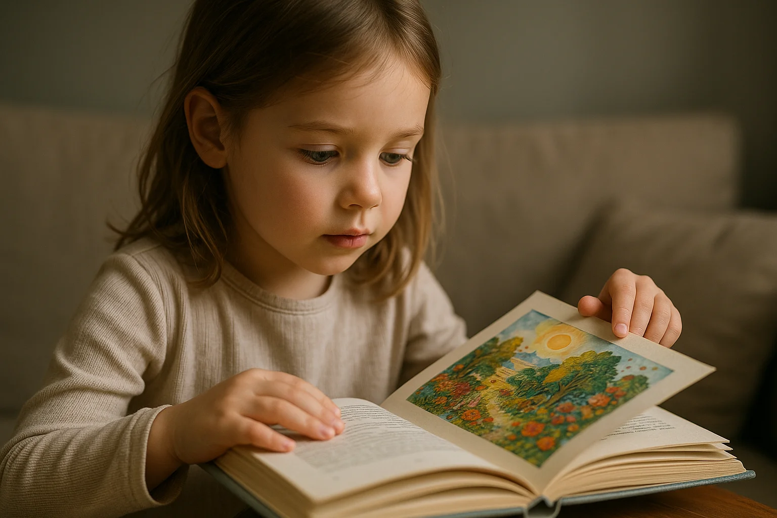 A young girl studies a colorful picture in a book, then closes it to test her visual memory.