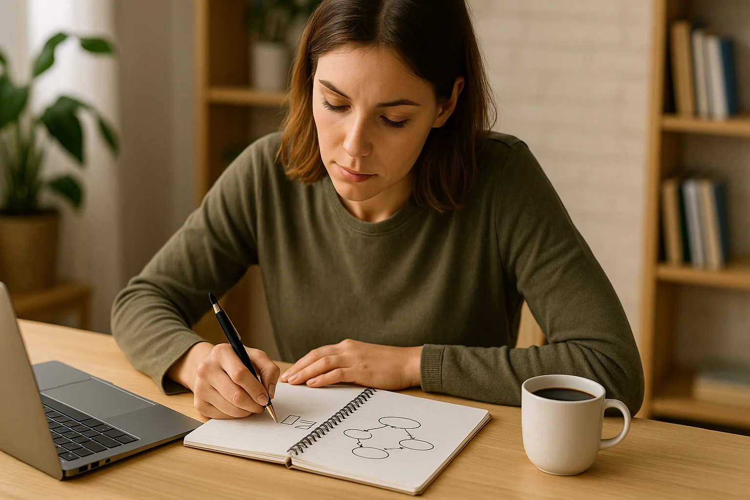 A woman takes visual notes in a notebook while planning tasks, boosting her memory skills.