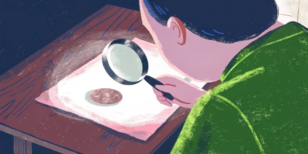 the man checks the coin through a magnifying glass
