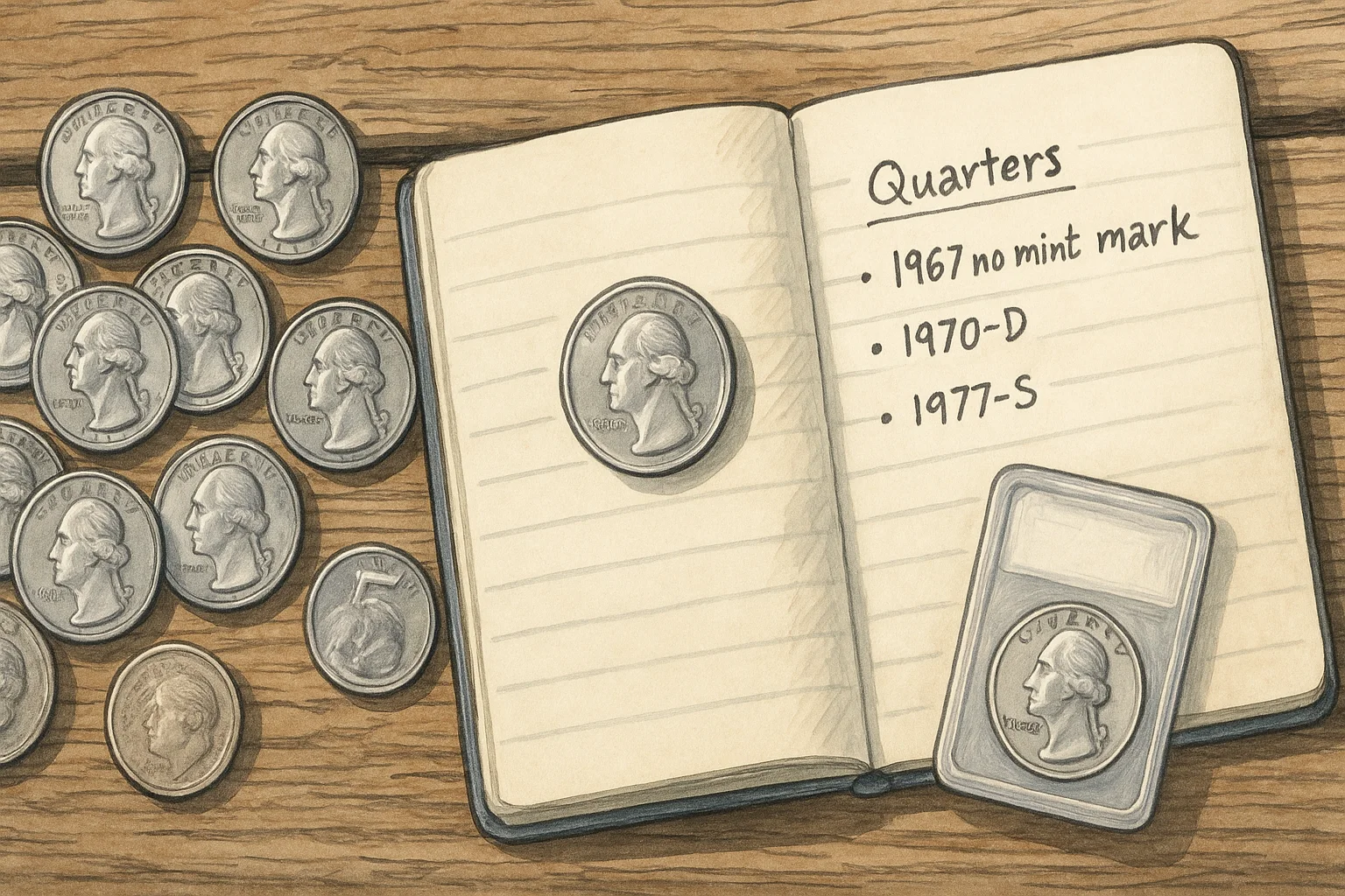A list of valuable quarters with some coins lying around the notebook.