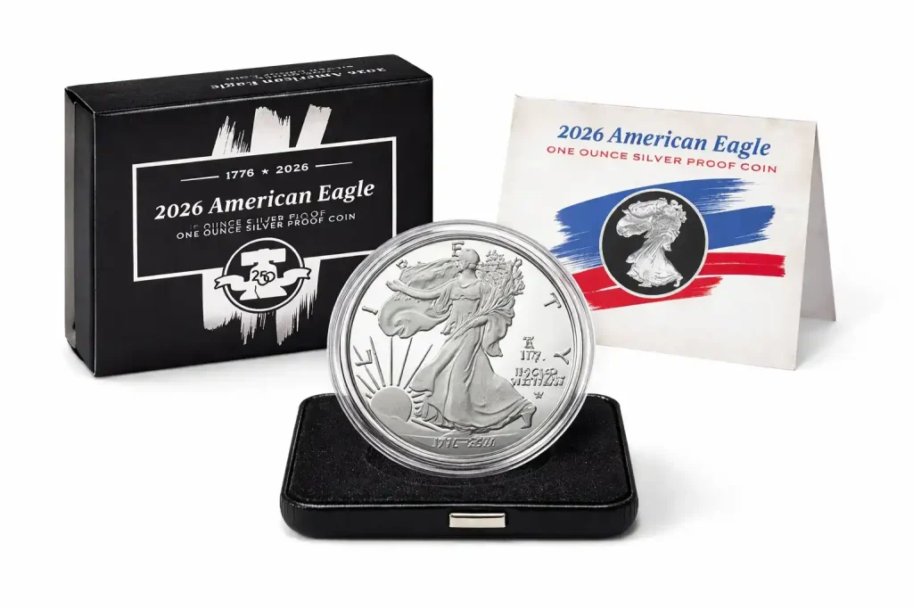 2026-W American Silver Eagle proof coin in presentation case with box and certificate.