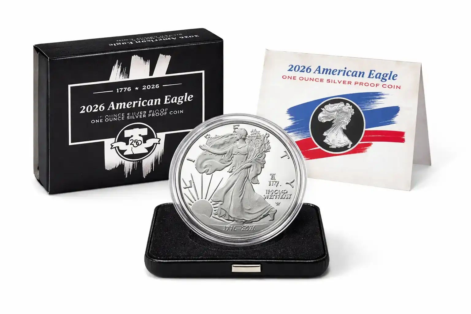 2026-W American Silver Eagle proof coin in presentation case with box and certificate.